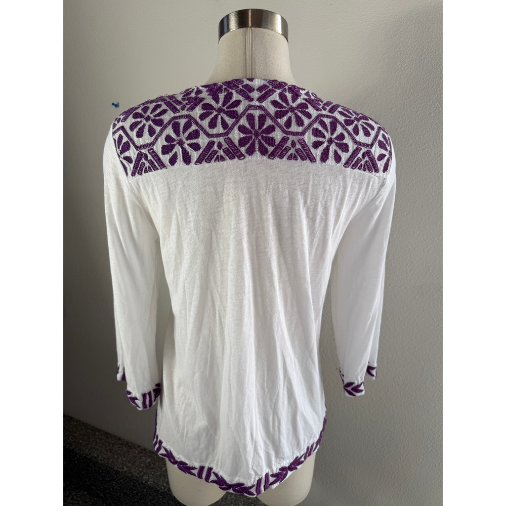 Lucky Brand Womens Small White Purple Embroidered Peasant Top Tassel Boho Blouse - Picture 7 of 8